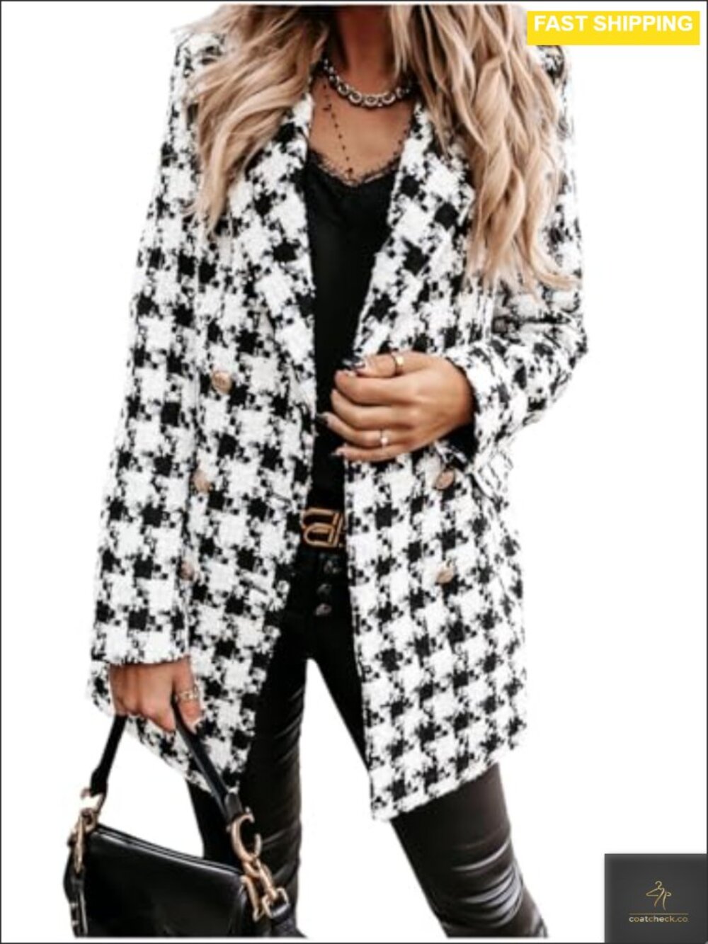 Tweed Blazer Womens Double Breasted Open Front Business Casual Plaid Jacket